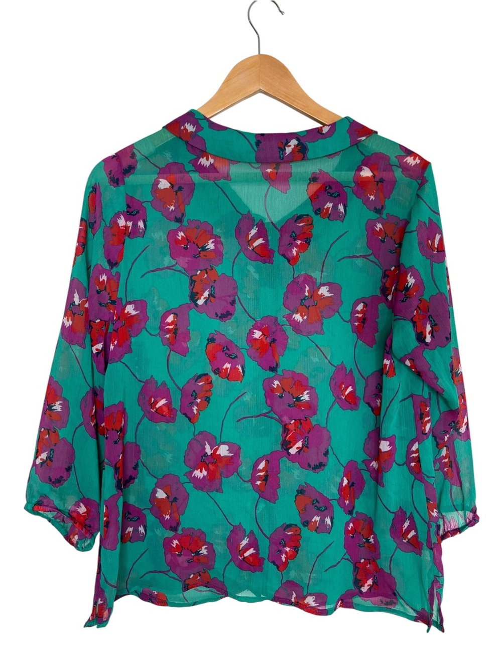 Modcloth button down teal floral tie neck semi sheer blouse size large - Picture 2 of 7